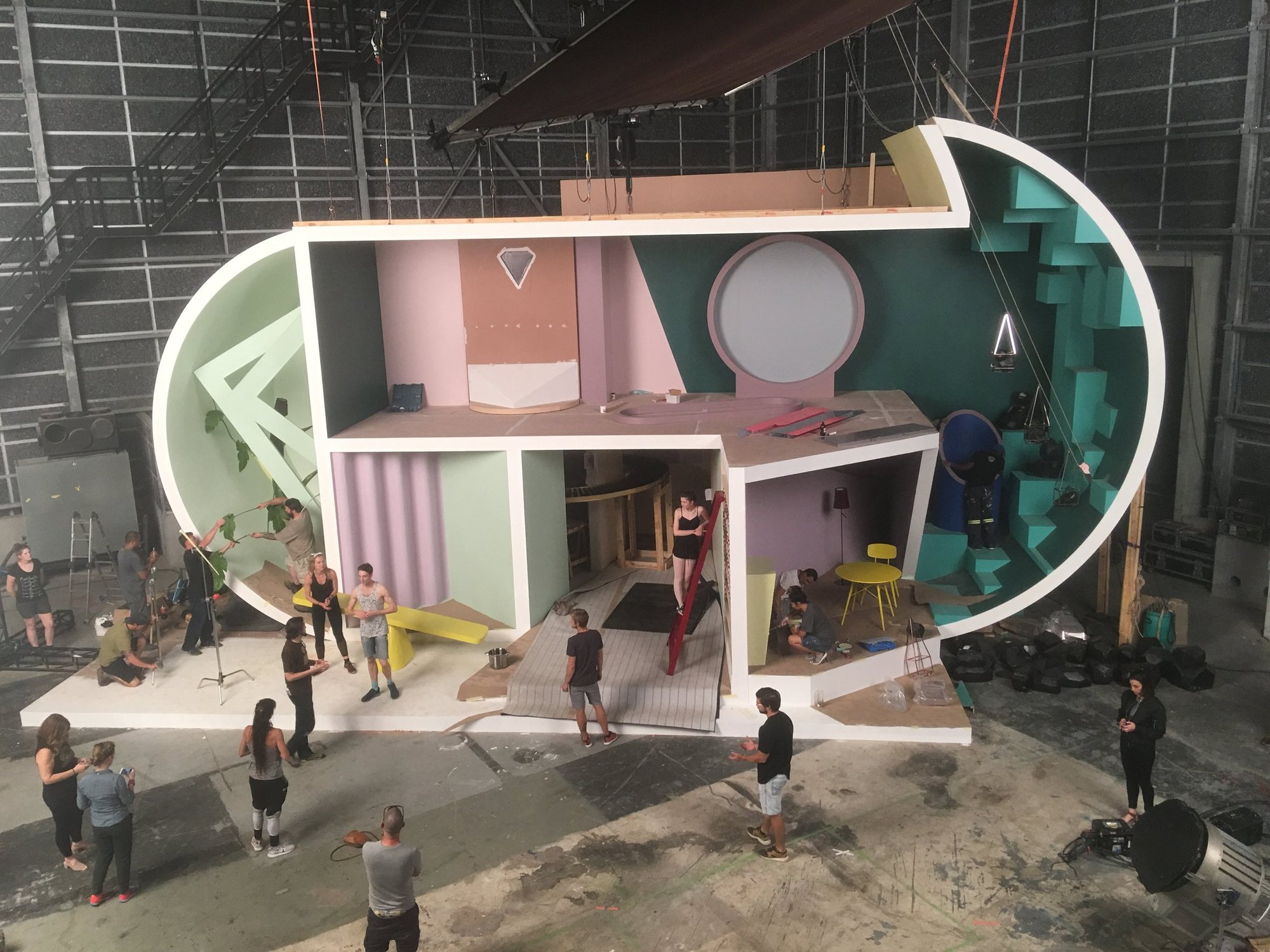 The multi-floor cloud stage under construction in a Cape Town warehouse