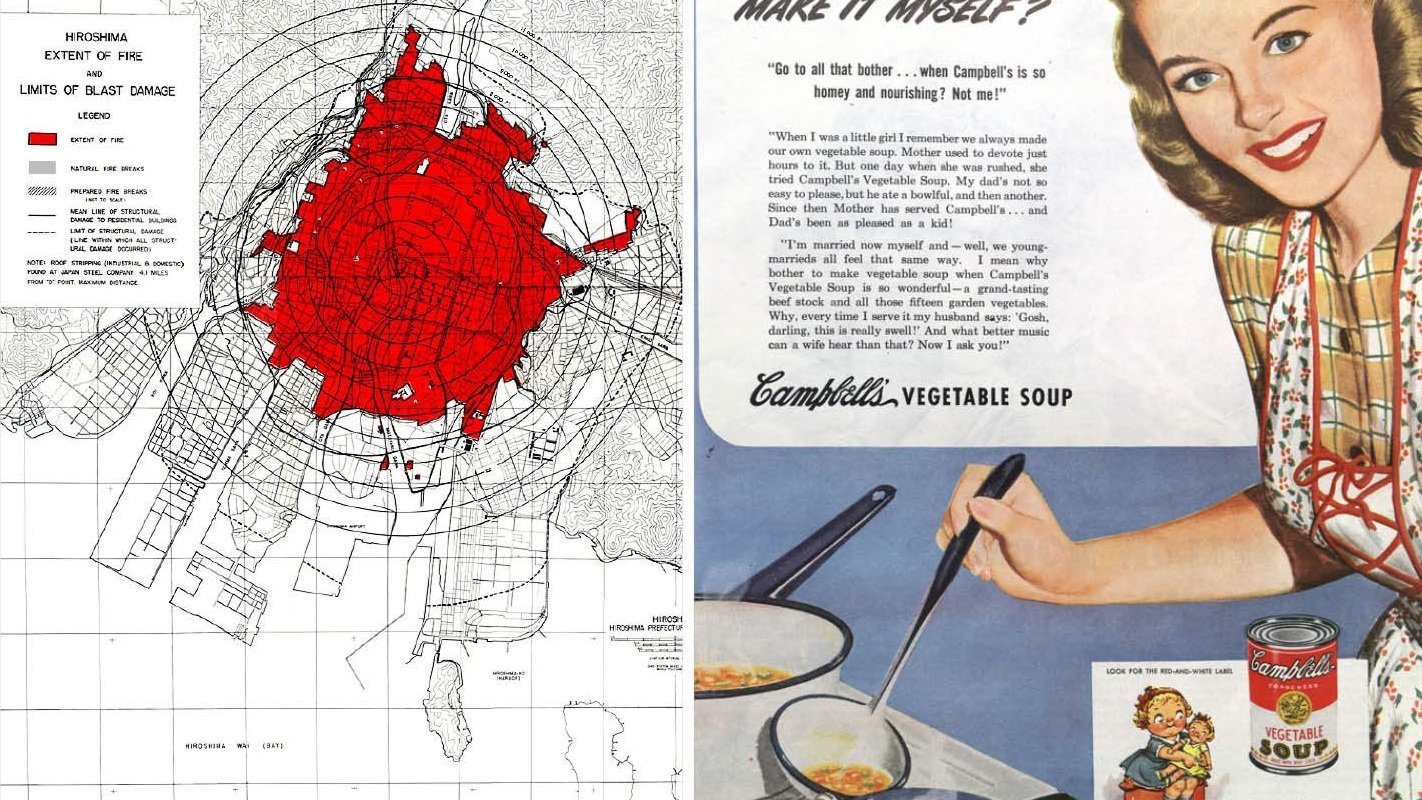 A blast-radius map beside a 1940s soup advertisement, from the research boards
