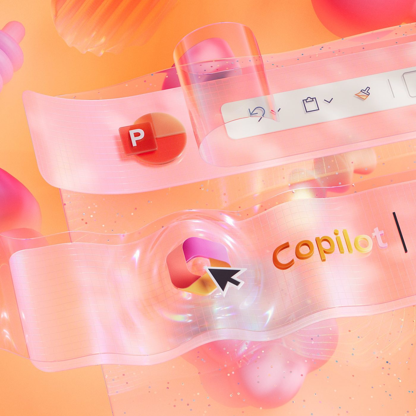 The Copilot button in PowerPoint on a band of frosted glass